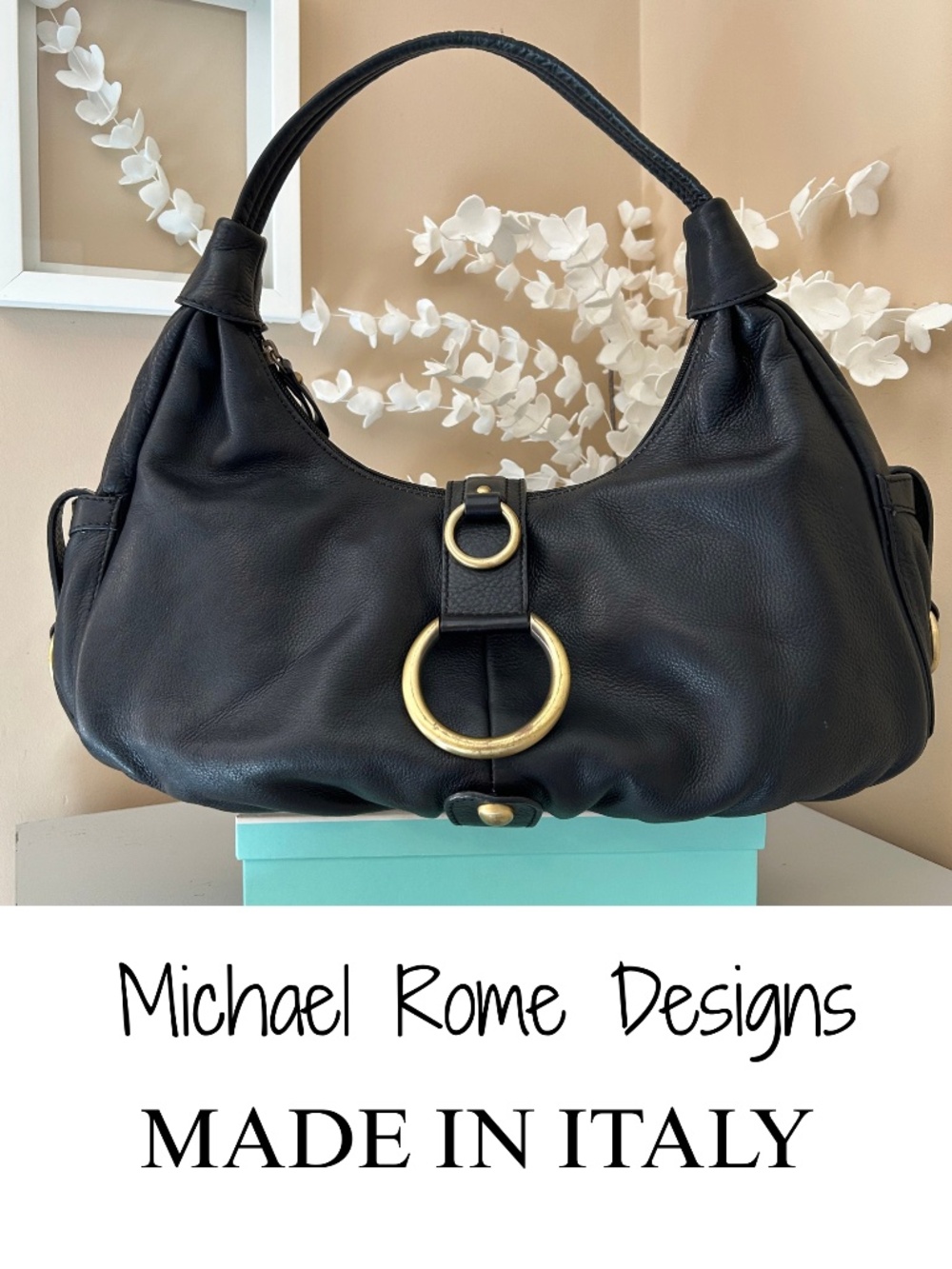 Y2K Michael Rome Designs Made in Italy Black Leather Crescent Hobo Handbag
